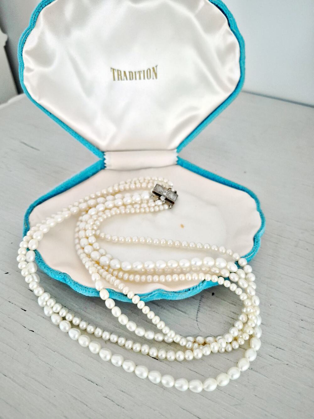 Vintage Sterling Silver 4 Strand Cultured Pearl Choker Necklace with Box Clasp
